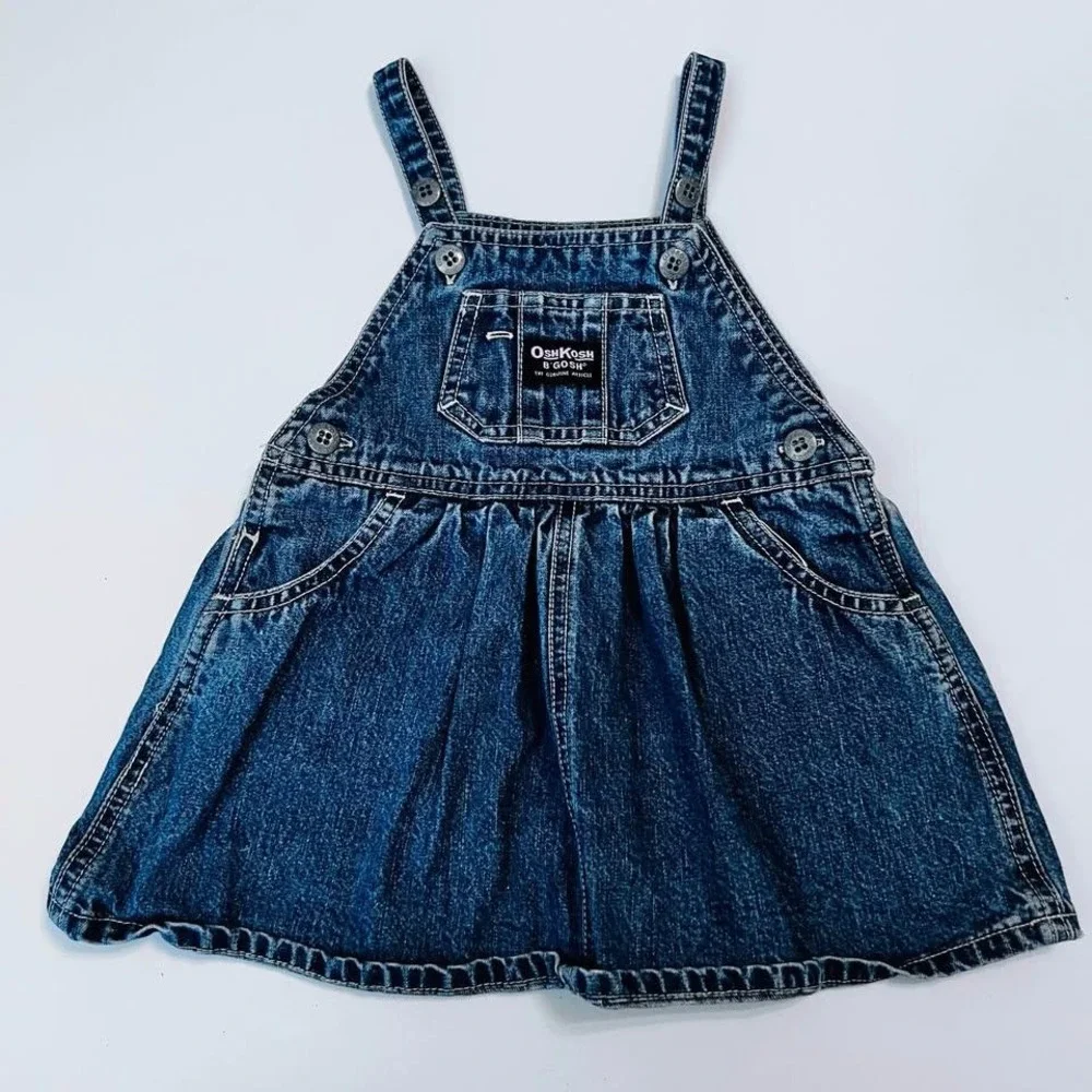 Y2K OshKosh B'gosh Denim Overall Dress 18M Pink Logo Cotton Jumper